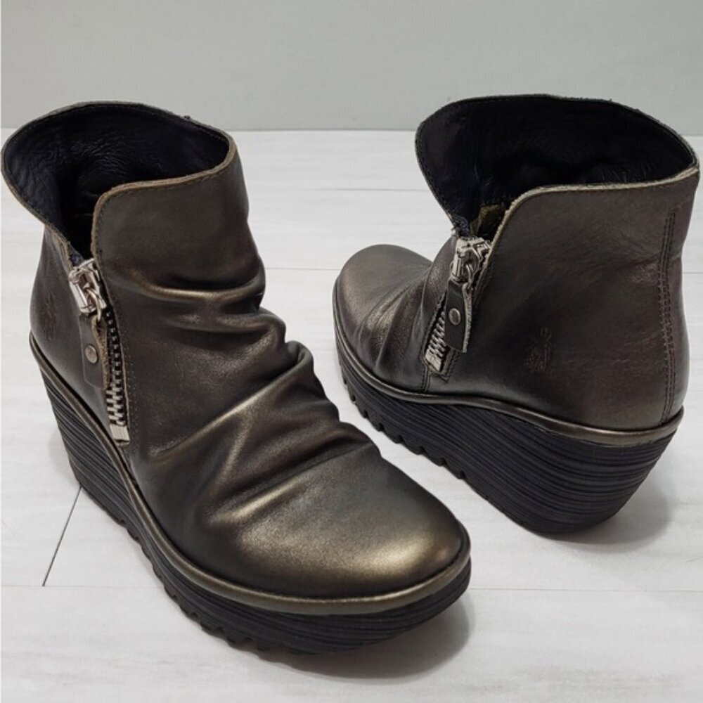 Fly London Womens Yoxi Boot Bronze Olive Wedge Platform Slouch Bootie